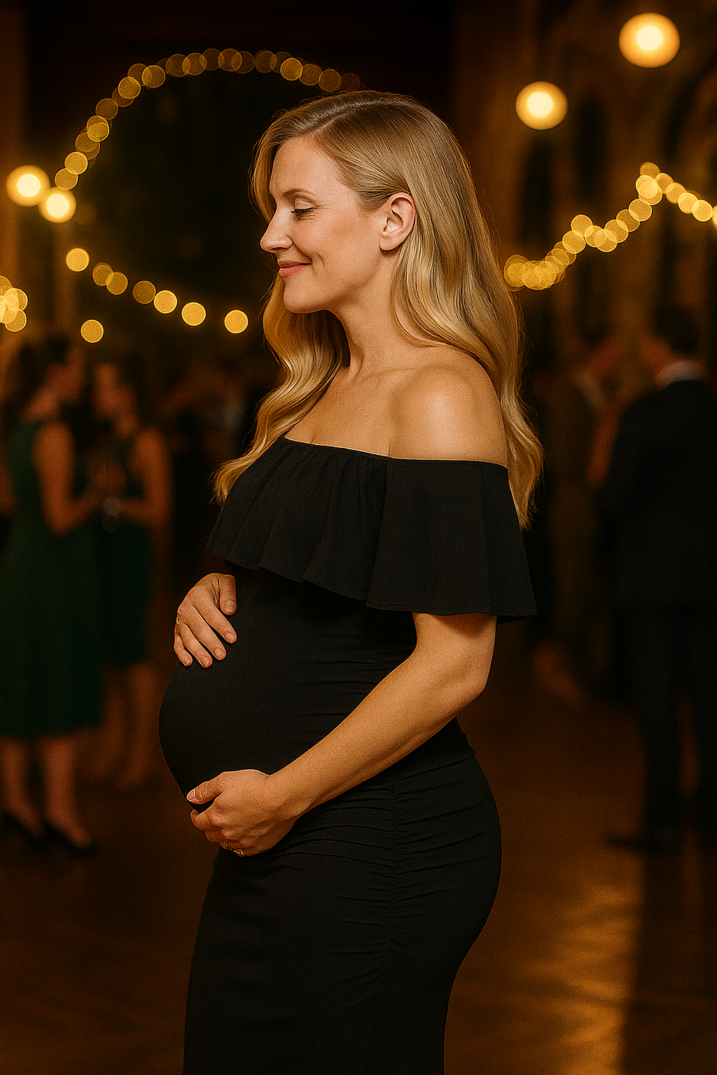 Ruffle Glow Off-Shoulder Maternity Dress – Adjustable Elegance in Soft Crepe