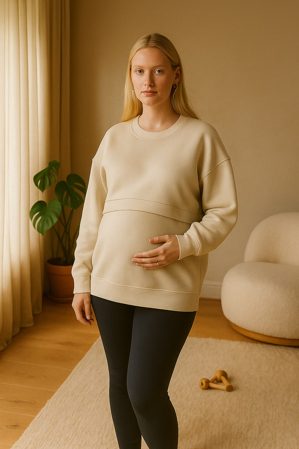 Oversized Nursing Jumper – White Cotton-Tencel Blend with Discreet Zip Access