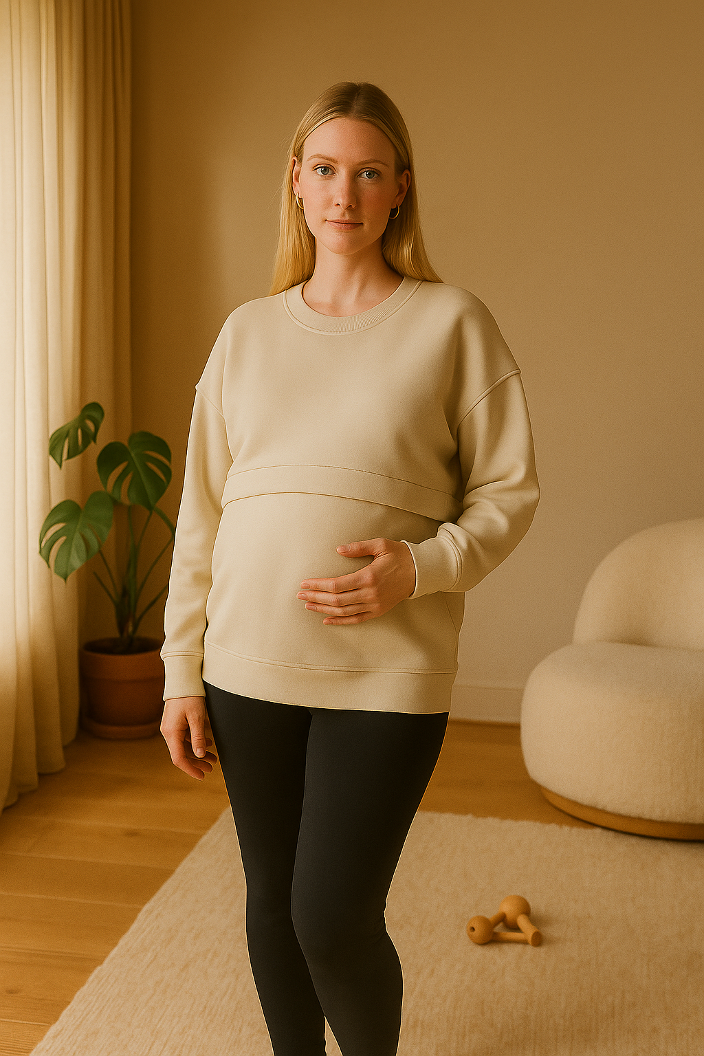 Oversized Nursing Jumper – White Cotton-Tencel Blend with Discreet Zip Access