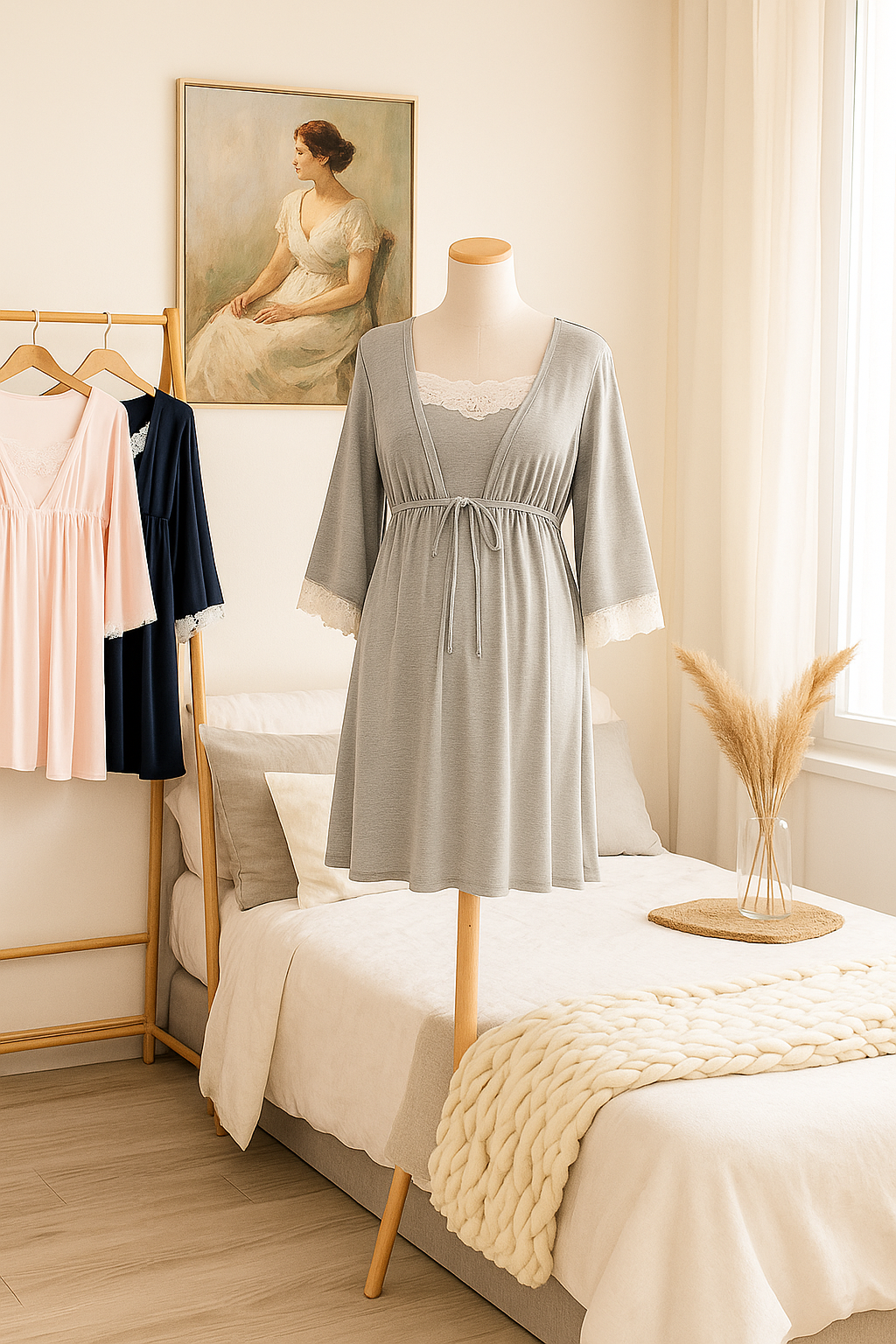 Lace Nursing Nightgown & Robe Set – Soft Sleepwear for Postpartum Calm