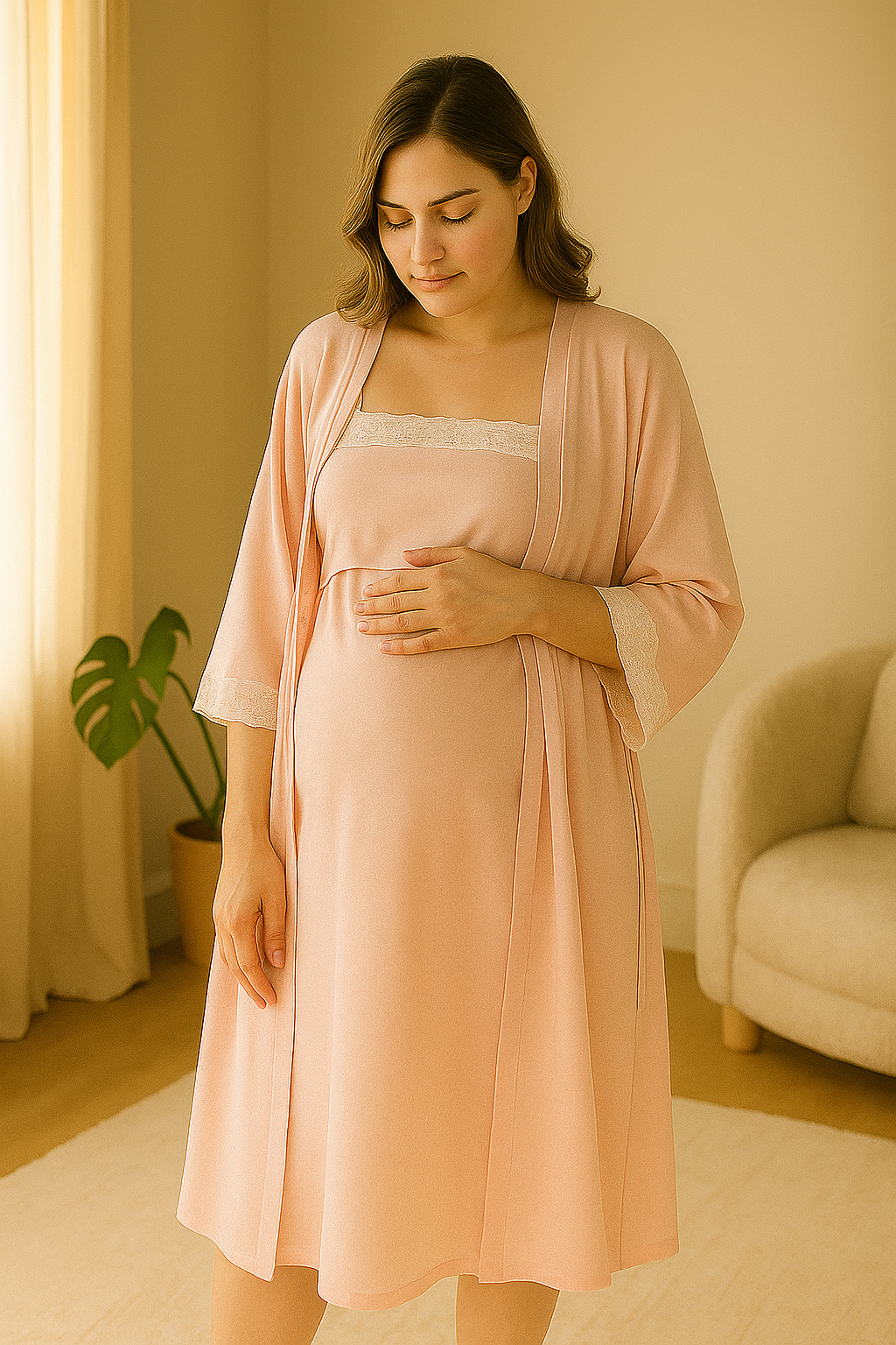 Lace Nursing Nightgown & Robe Set – Soft Sleepwear for Postpartum Calm