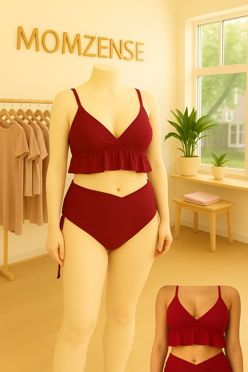 Ruffled V-Neck Maternity Bikini – High-Waist Calm, Adjustable Fit