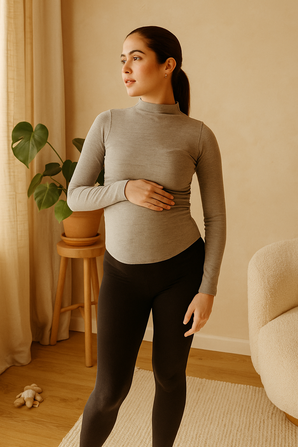 Mock Neck Long Sleeve Teaser Top with Ruching – Stretchy, Stylish Coverage for All-Day Comfort