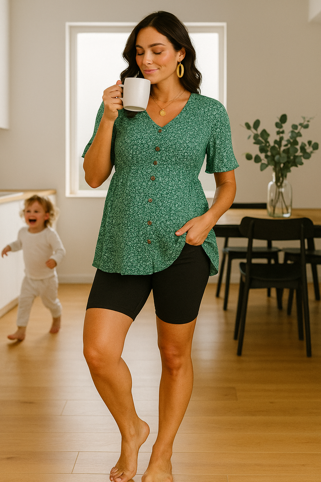 Green Floral Maternity Blouse – Long Sleeve Top for Work & Casual Wear