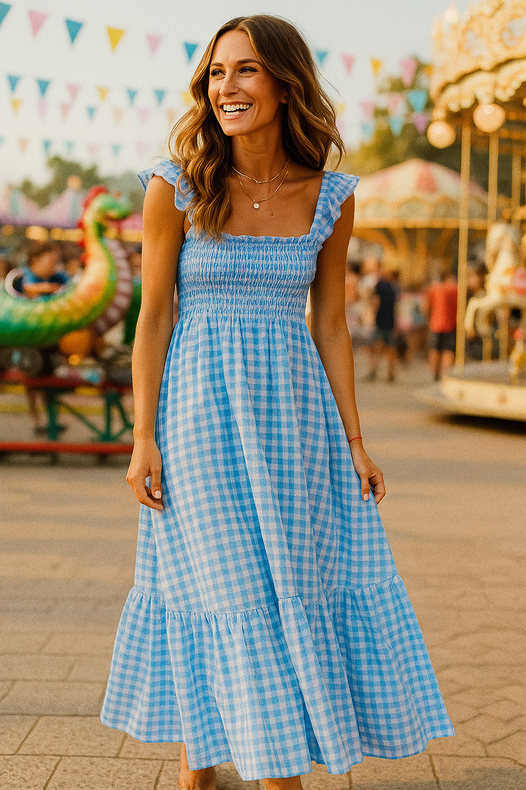 Gingham Maxi Dress – Ruffle Sleeves, Smocked Bodice & Tiered Skirt