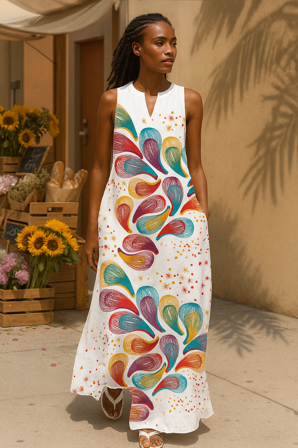 Elegant Floral Summer Dress for Women | Ankle-Length, Sleeveless & V-Neck Style