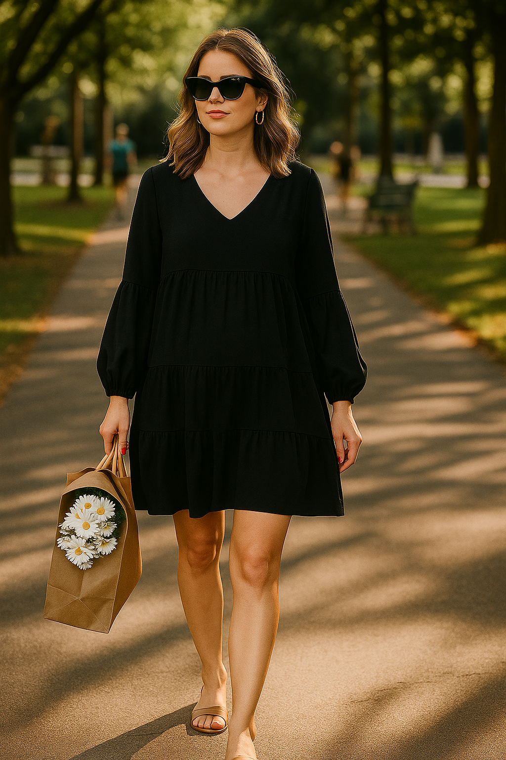 V Neck Long Sleeve Dress Ruffle Knee Length