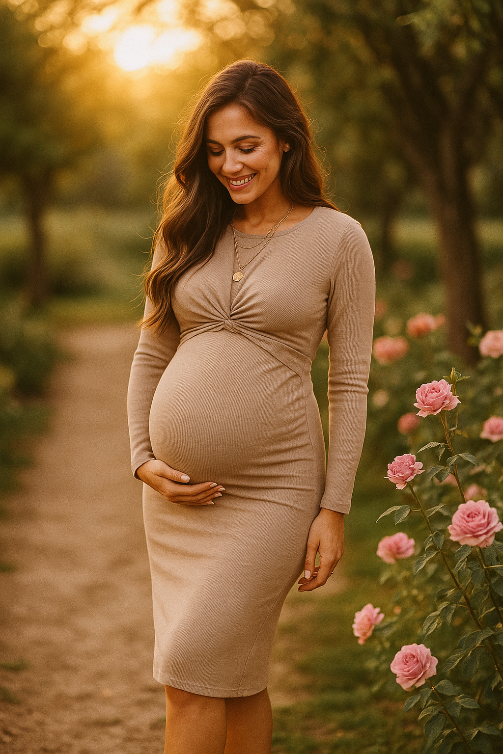 Elegant Long Sleeve Maternity Dress – Solid Color, Slim Fit Outfit for Photoshoots & Expecting Moms