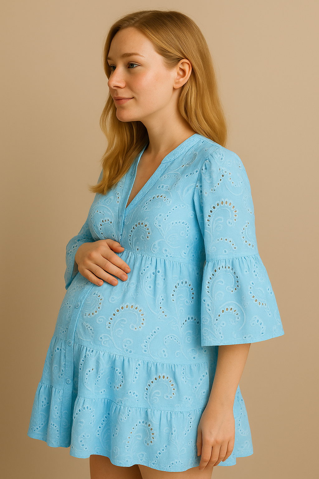 Embroidered Cotton Dress Button Front Breezy Blue