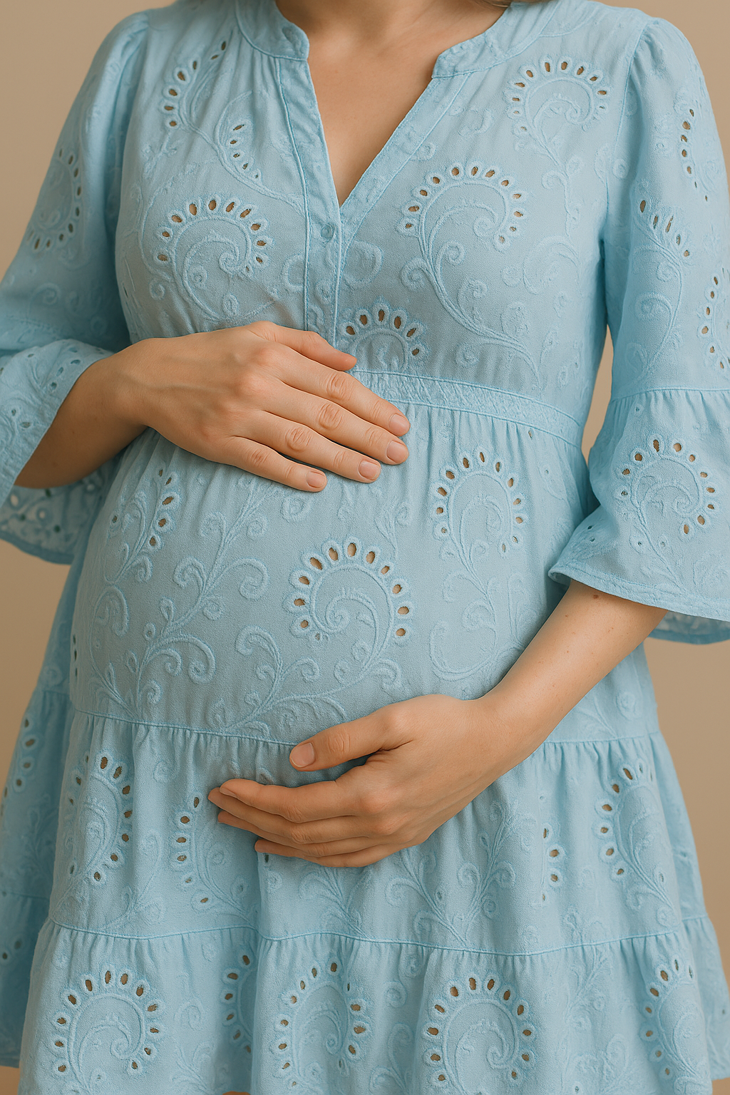 Embroidered Cotton Dress Button Front Breezy Blue