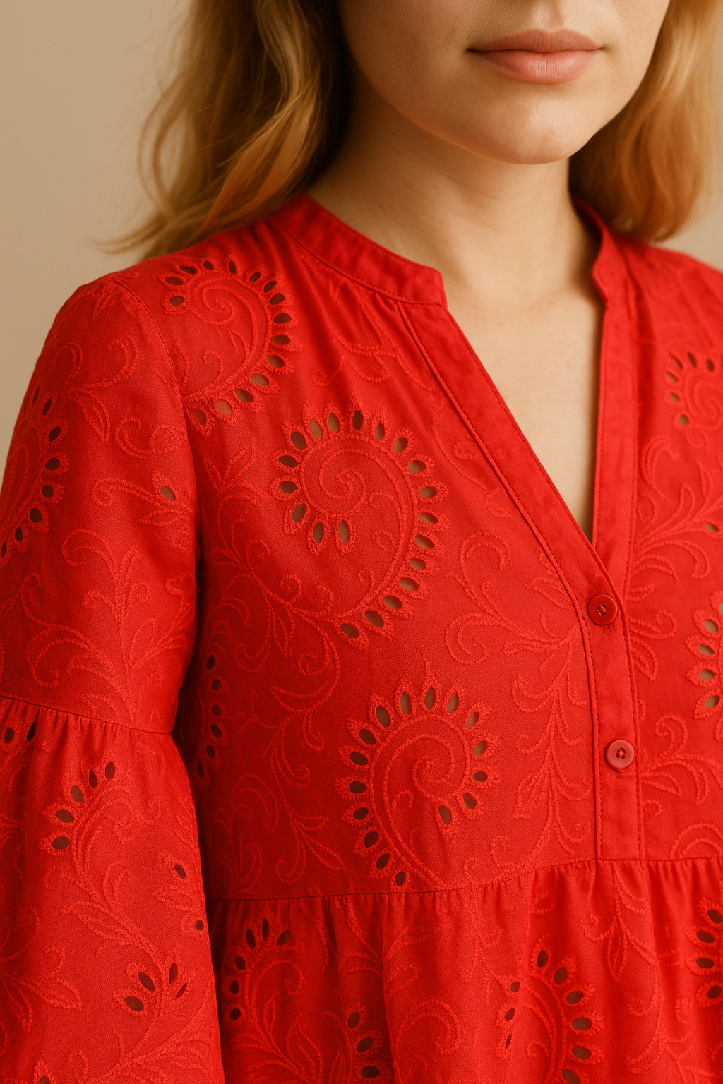Embroidered Cotton Dress Button Front Breezy Red
