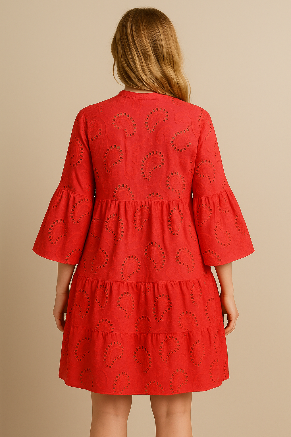 Embroidered Cotton Dress Button Front Breezy Red