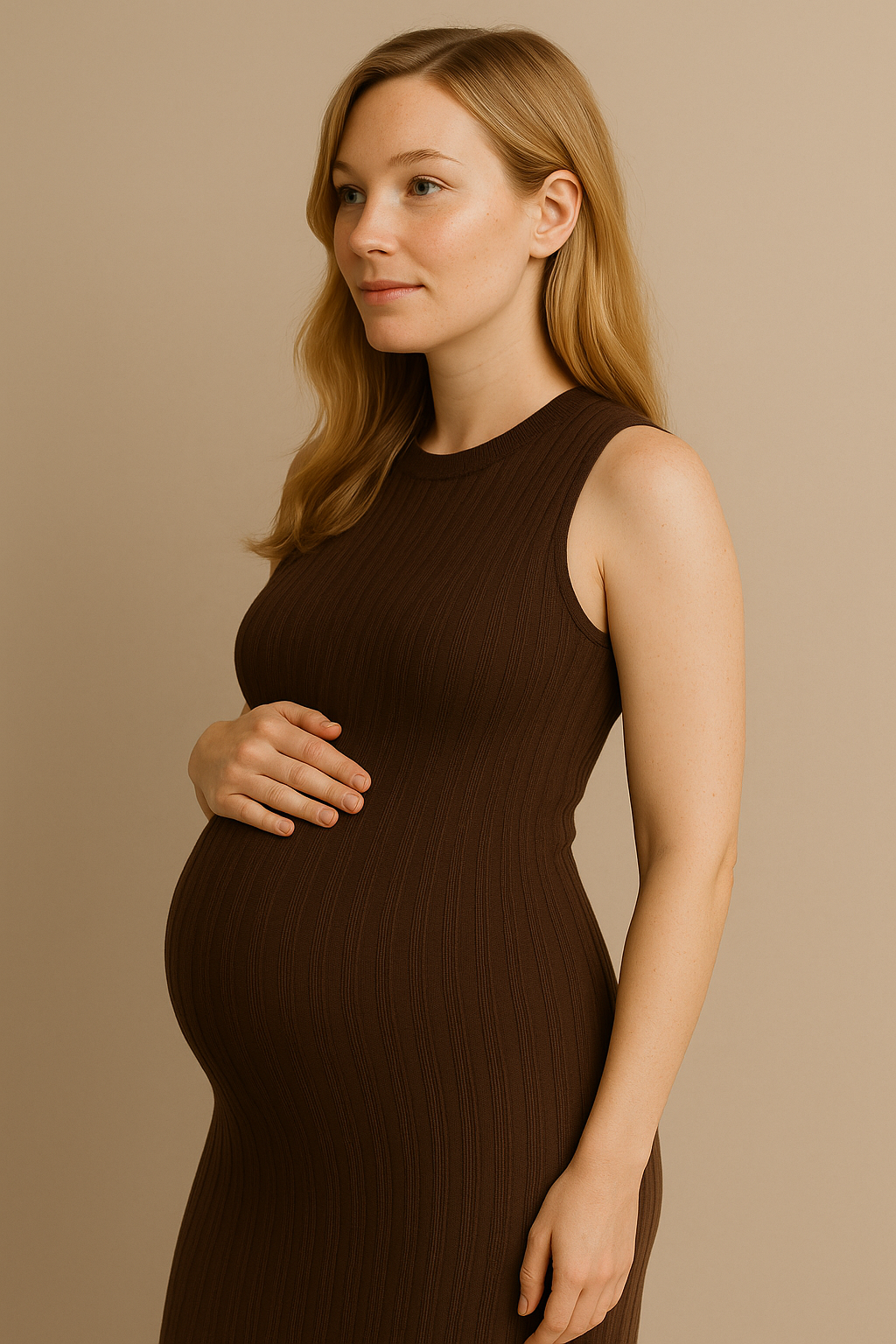 Sleeveless Turtleneck Maternity Maxi Dress Brown