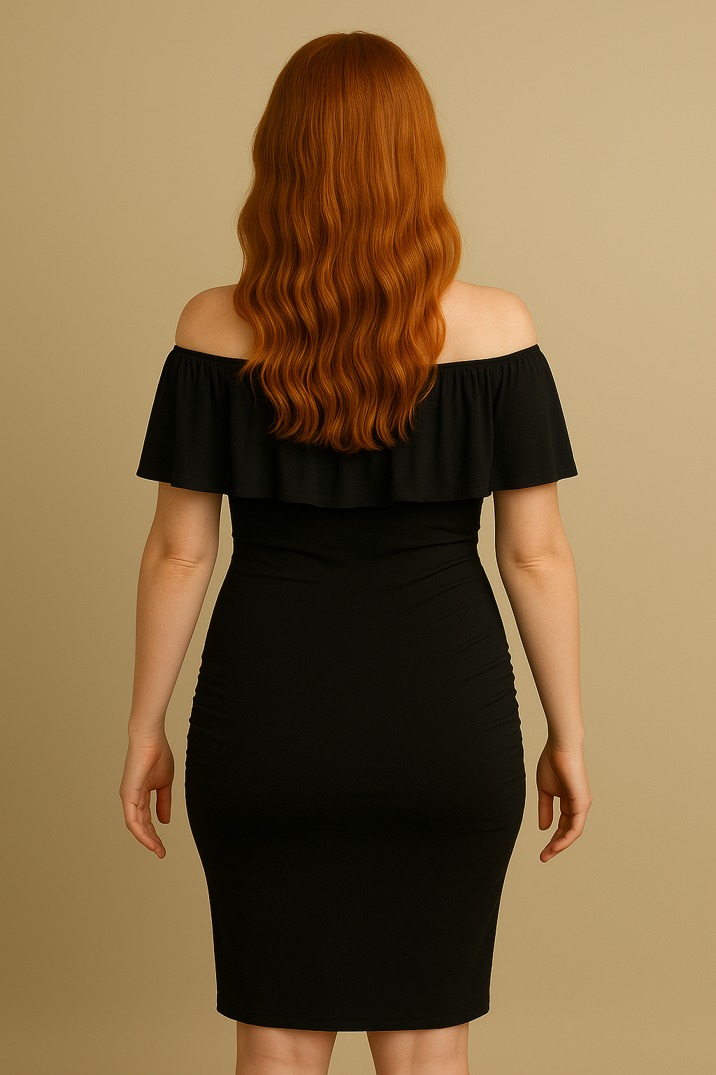 Ruffle Glow Off-Shoulder Elegance in Soft Crepe