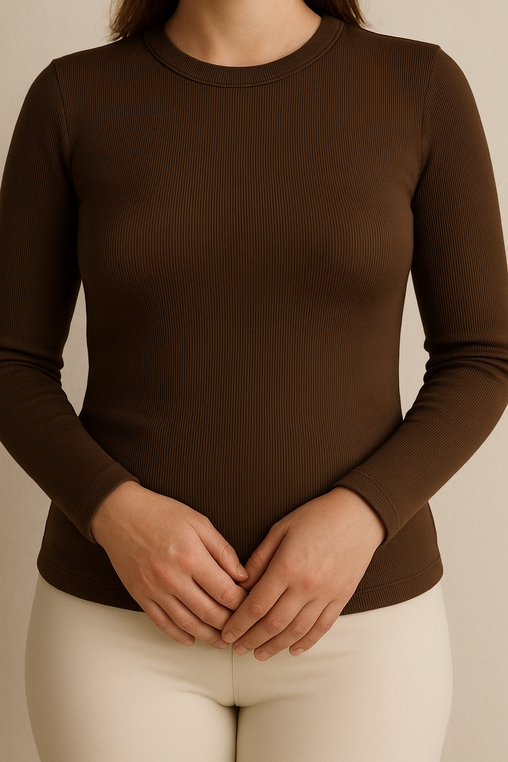 Long Sleeve Teaser Top with Ruching Stretchy Coffee