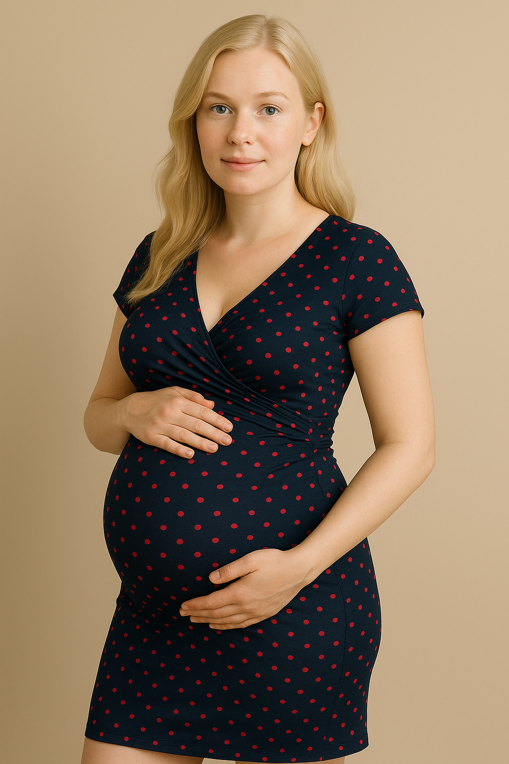 Navy Blue Polka Dot Maternity Nursing Dress V Neck Short Sleeves