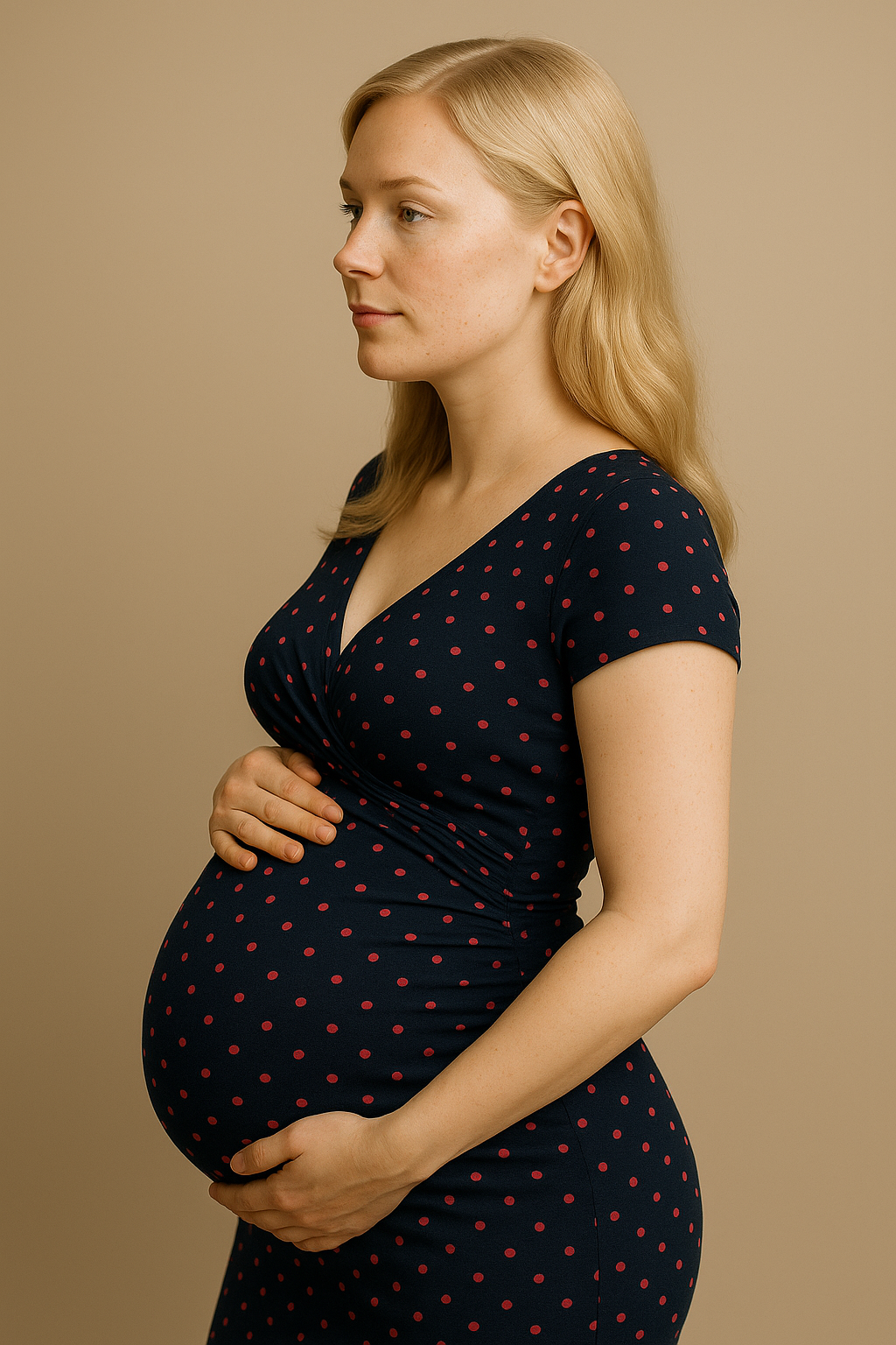Navy Blue Polka Dot Maternity Nursing Dress V Neck Short Sleeves