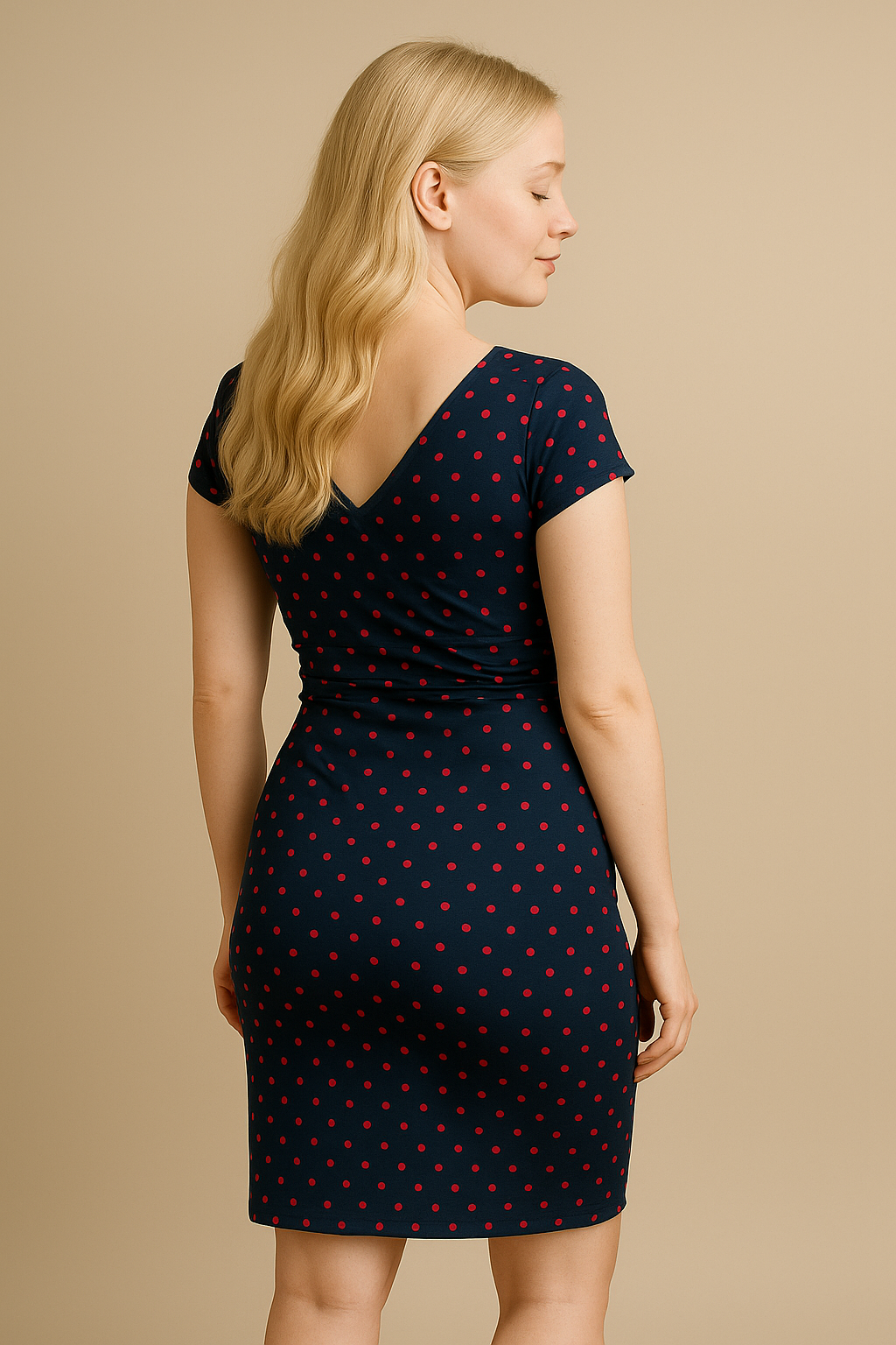 Navy Blue Polka Dot Maternity Nursing Dress V Neck Short Sleeves