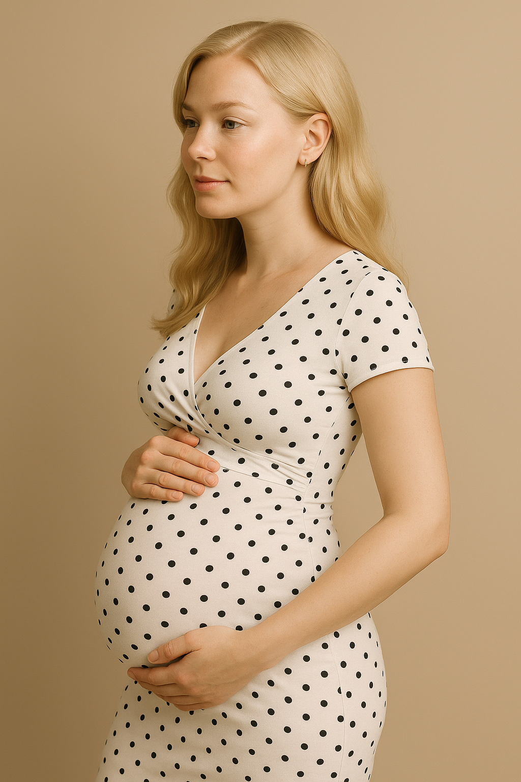 White Polka Dot Maternity Nursing Dress V Neck Short Sleeves