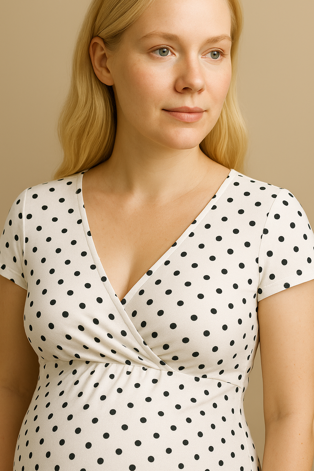 White Polka Dot Maternity Nursing Dress V Neck Short Sleeves