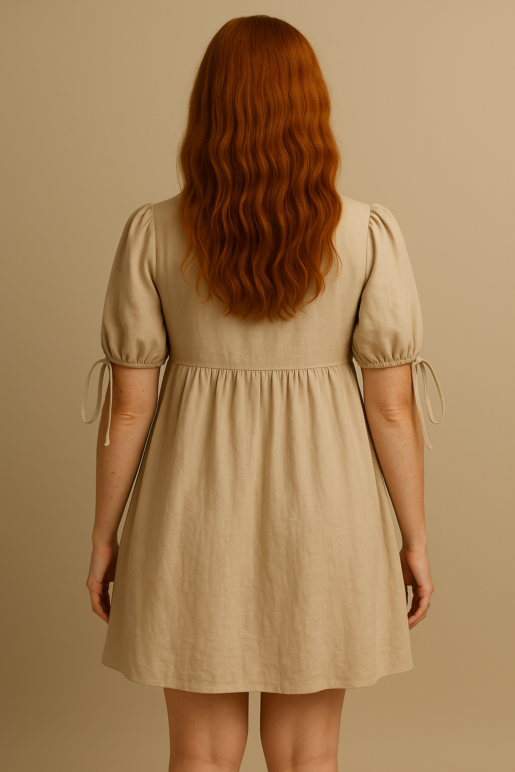 Khaki Cotton V Neck Tie Front Mini Dress Women Puff Sleeve