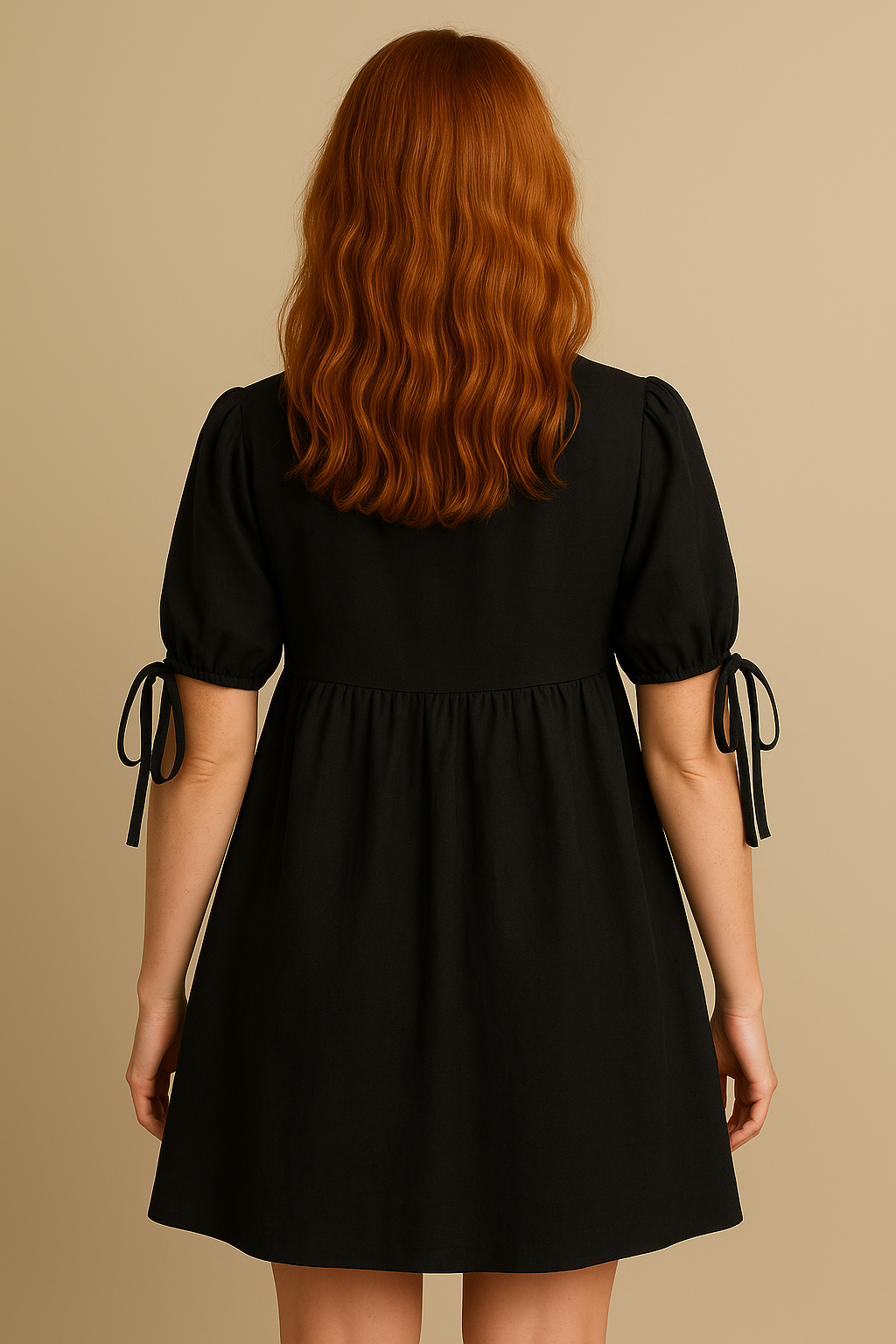 Black Cotton V Neck Tie Front Mini Dress Women Puff Sleeve