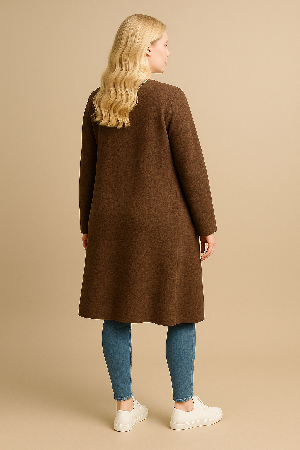 Open Front Longline Coat for Women in Brown