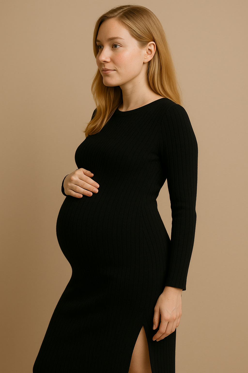 Slim-Fitting Long-Sleeved Maternity Knit Dress in Black