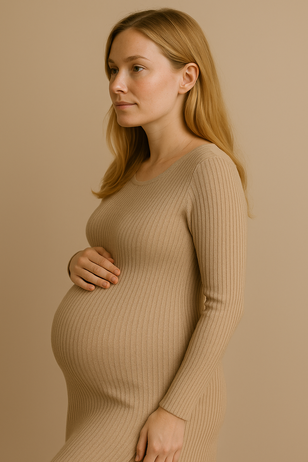Slim-Fitting Long-Sleeved Maternity Knit Dress in Beige