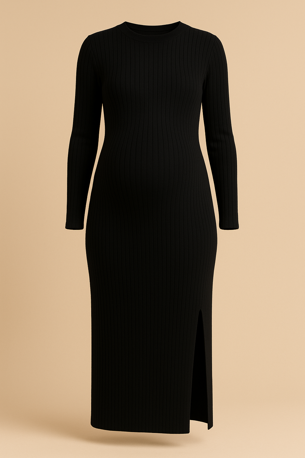Slim-Fitting Long-Sleeved Maternity Knit Dress in Black
