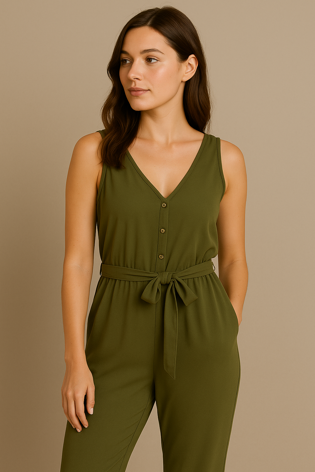Green Postpartum Sleeveless Jumpsuit for Women Tie Waist Pocket