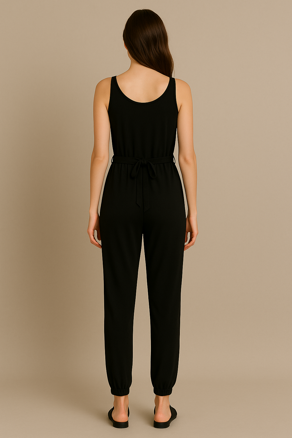 Black Postpartum Sleeveless Jumpsuit for Women Tie Waist Pockets