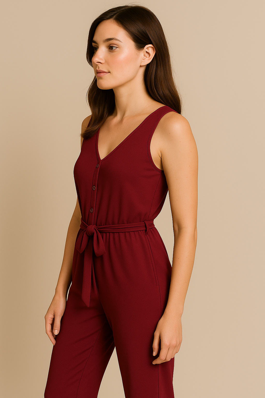 Red Postpartum Sleeveless Jumpsuit for Women Tie Waist Pocket