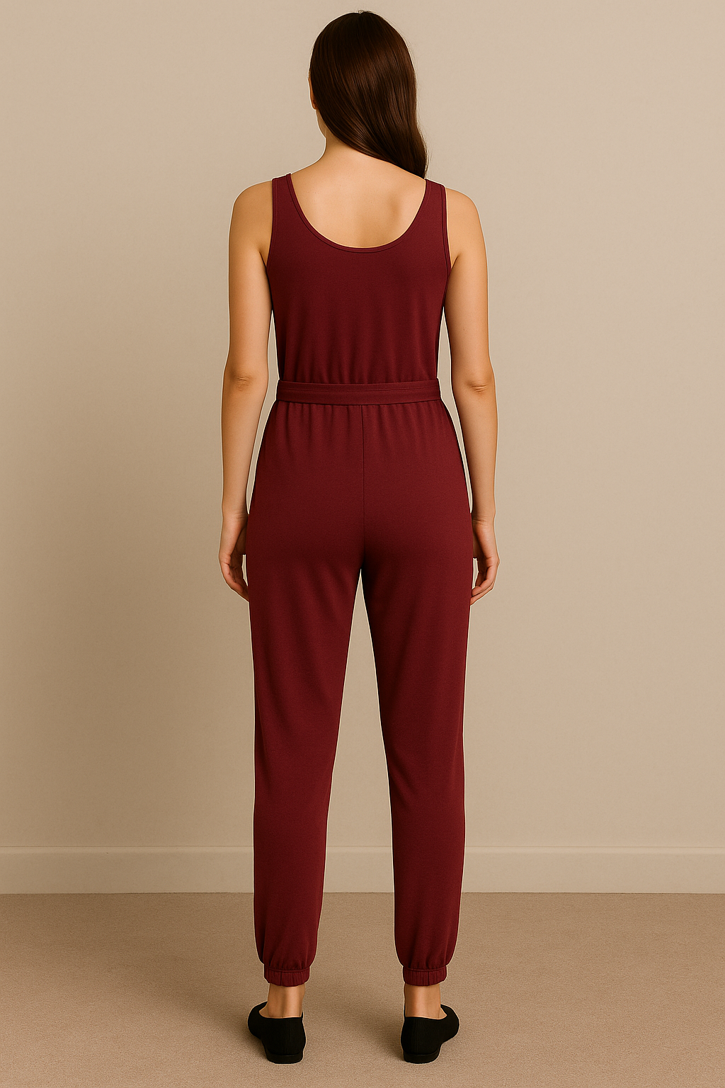 Red Postpartum Sleeveless Jumpsuit for Women Tie Waist Pocket