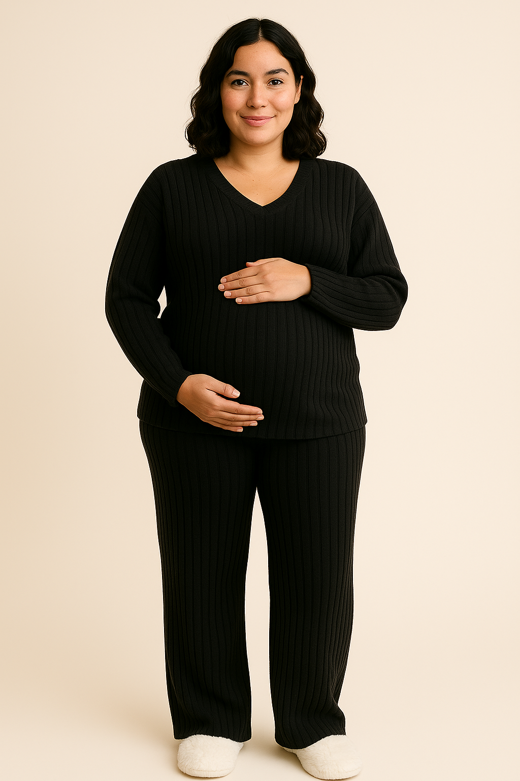 Ladies Winter Pyjamas Two Piece Knitted Set in Black