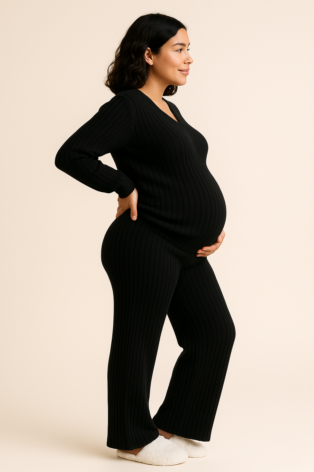 Ladies Winter Pyjamas Two Piece Knitted Set in Black