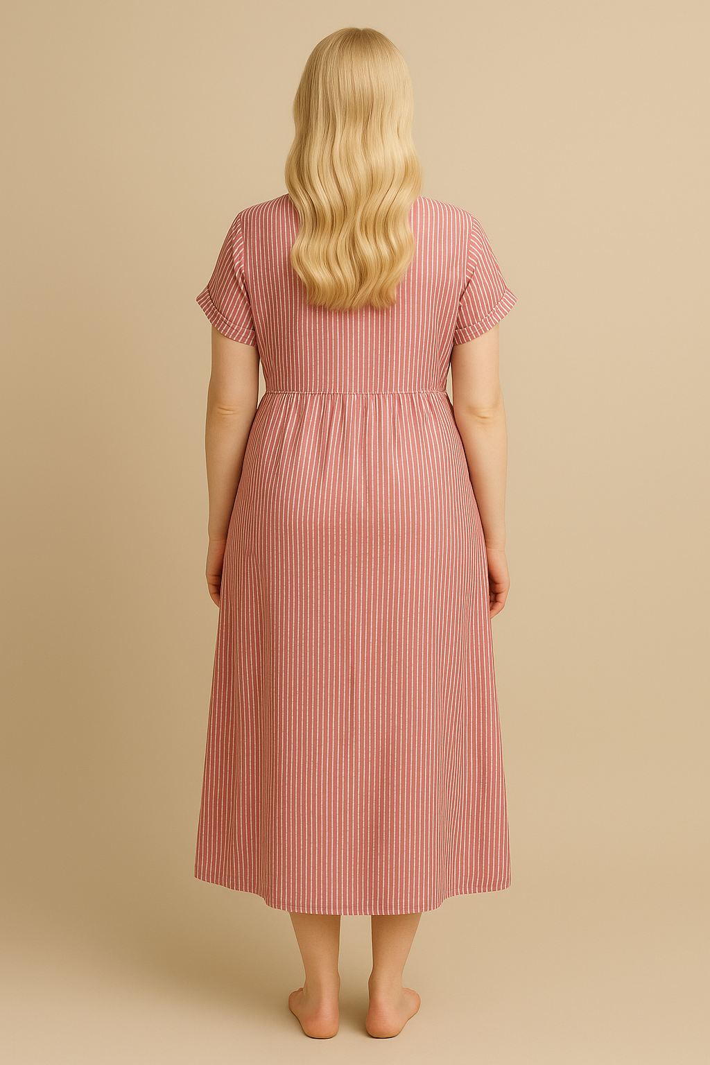 Red Striped Long Sleeve Maxi Dress with Classic Collar
