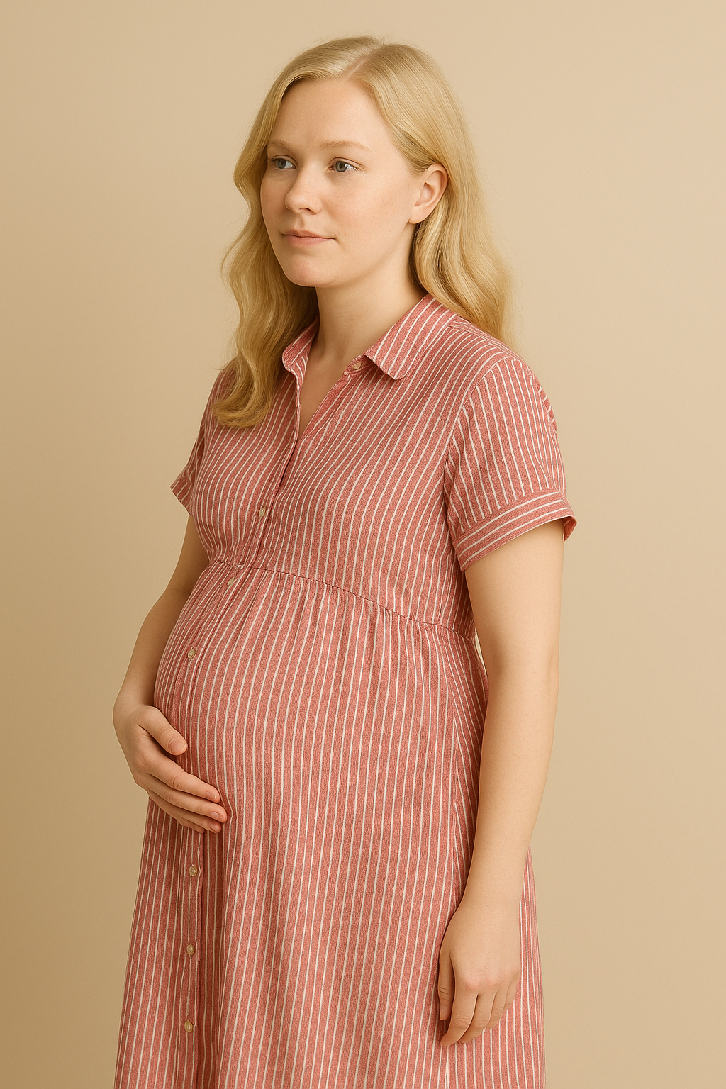 Red Striped Long Sleeve Maxi Dress with Classic Collar