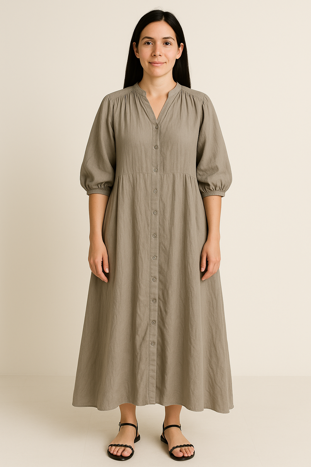 Women's Oversized Beige Pleated Maxi Dress