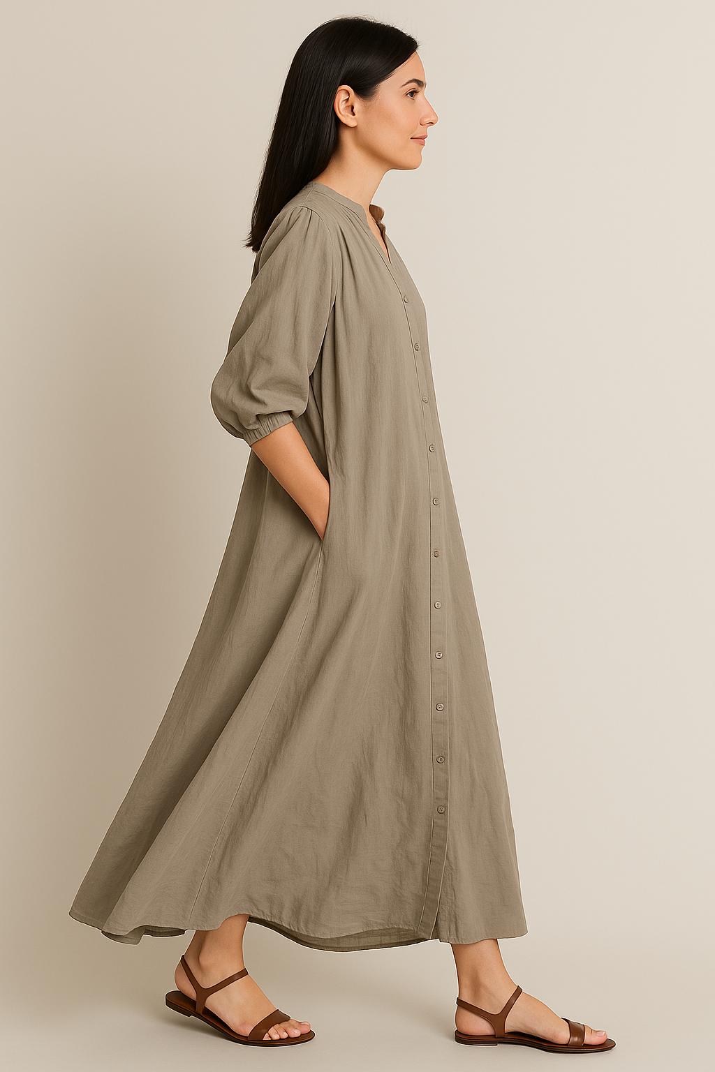 Women's Oversized Beige Pleated Maxi Dress