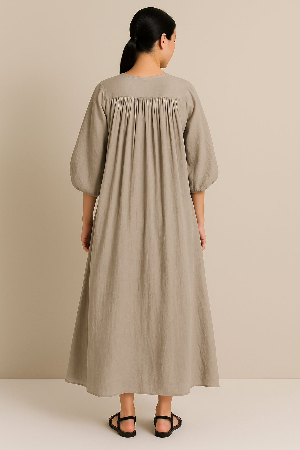 Women's Oversized Beige Pleated Maxi Dress