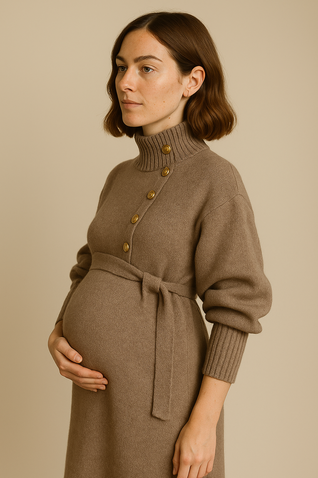 Funnel Neck Sweater Dress for Women in Khaki