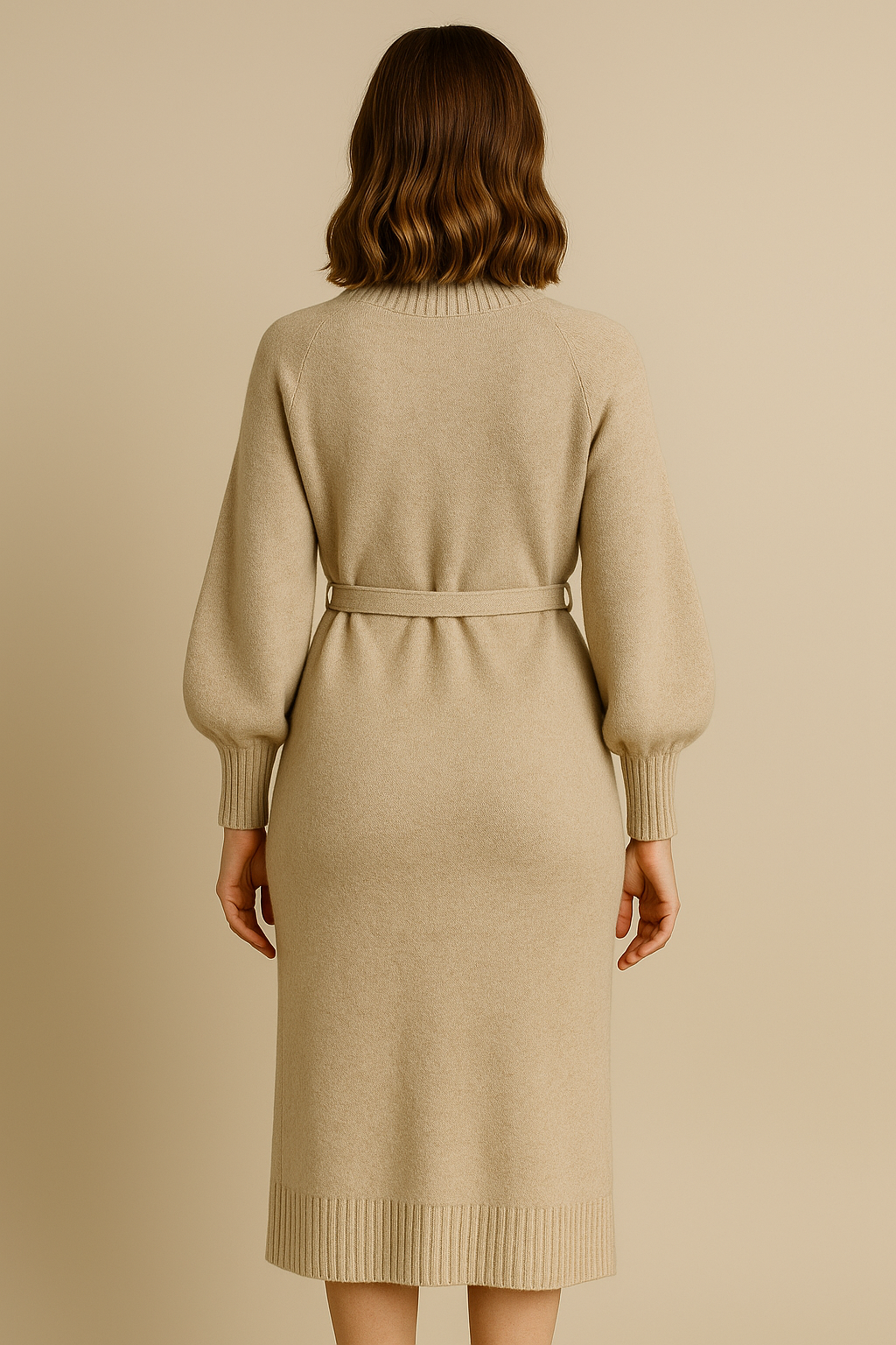 Funnel Neck Sweater Dress for Women in Apricot