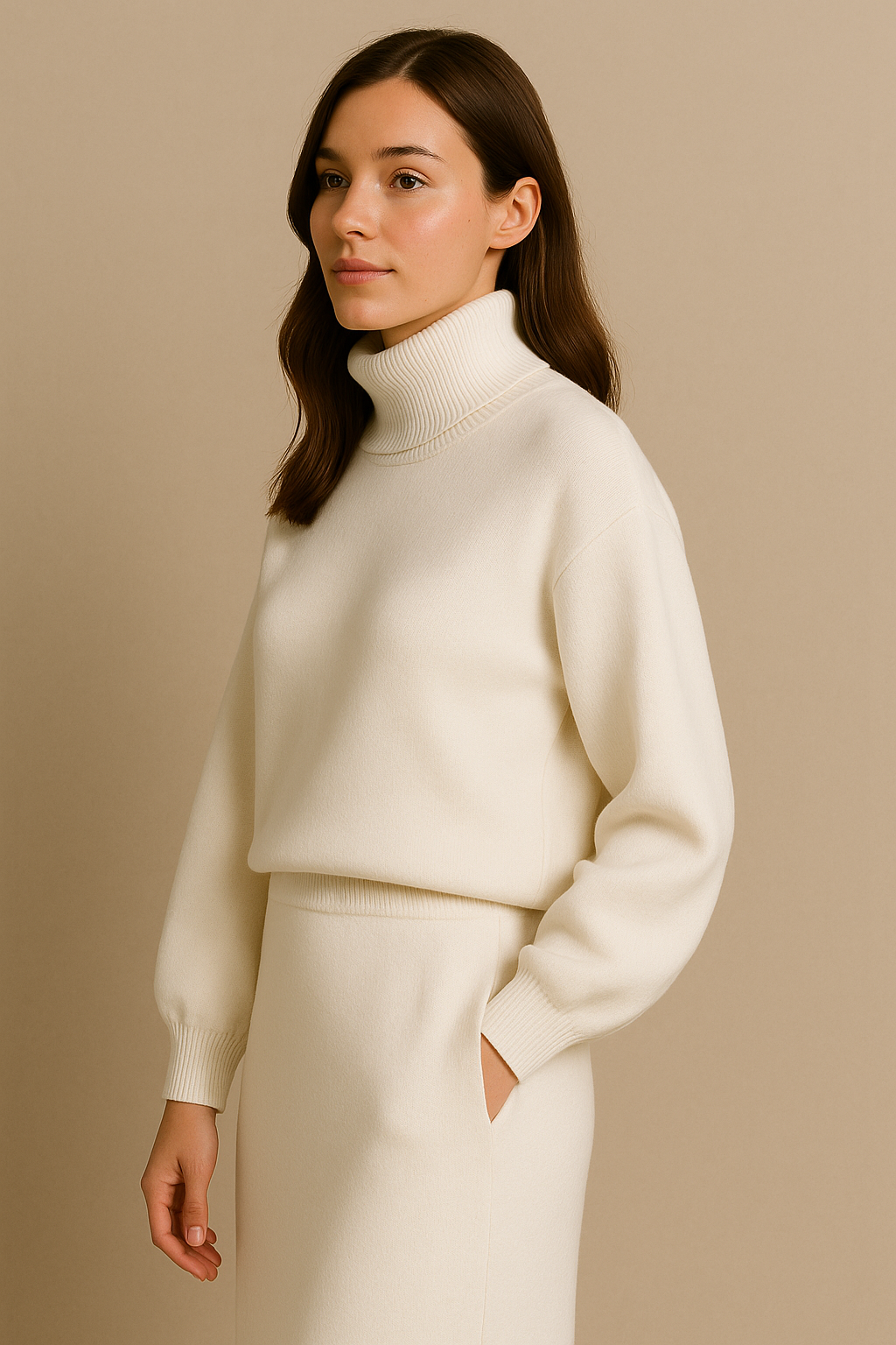 White Knitted Turtleneck Sweater and Skirt Set