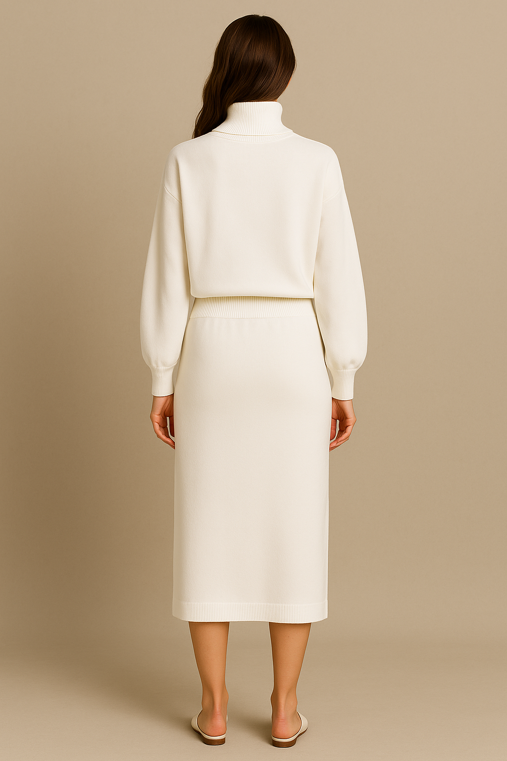 White Knitted Turtleneck Sweater and Skirt Set