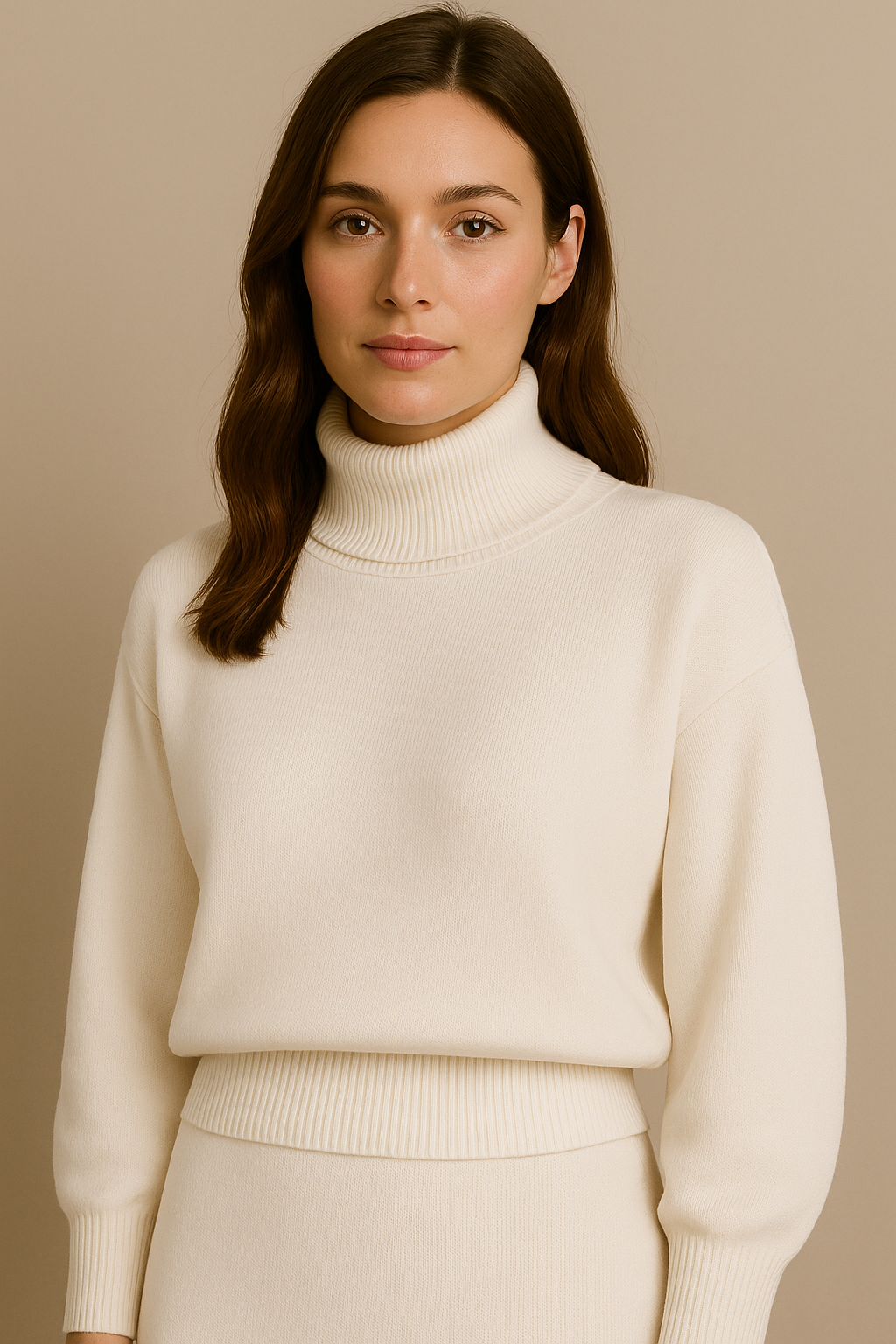 White Knitted Turtleneck Sweater and Skirt Set