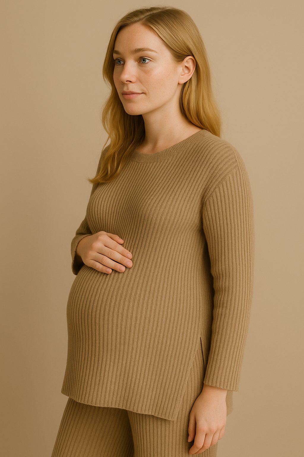 Womens Camel Knitted Loungewear Set Cozy Sweater Pants