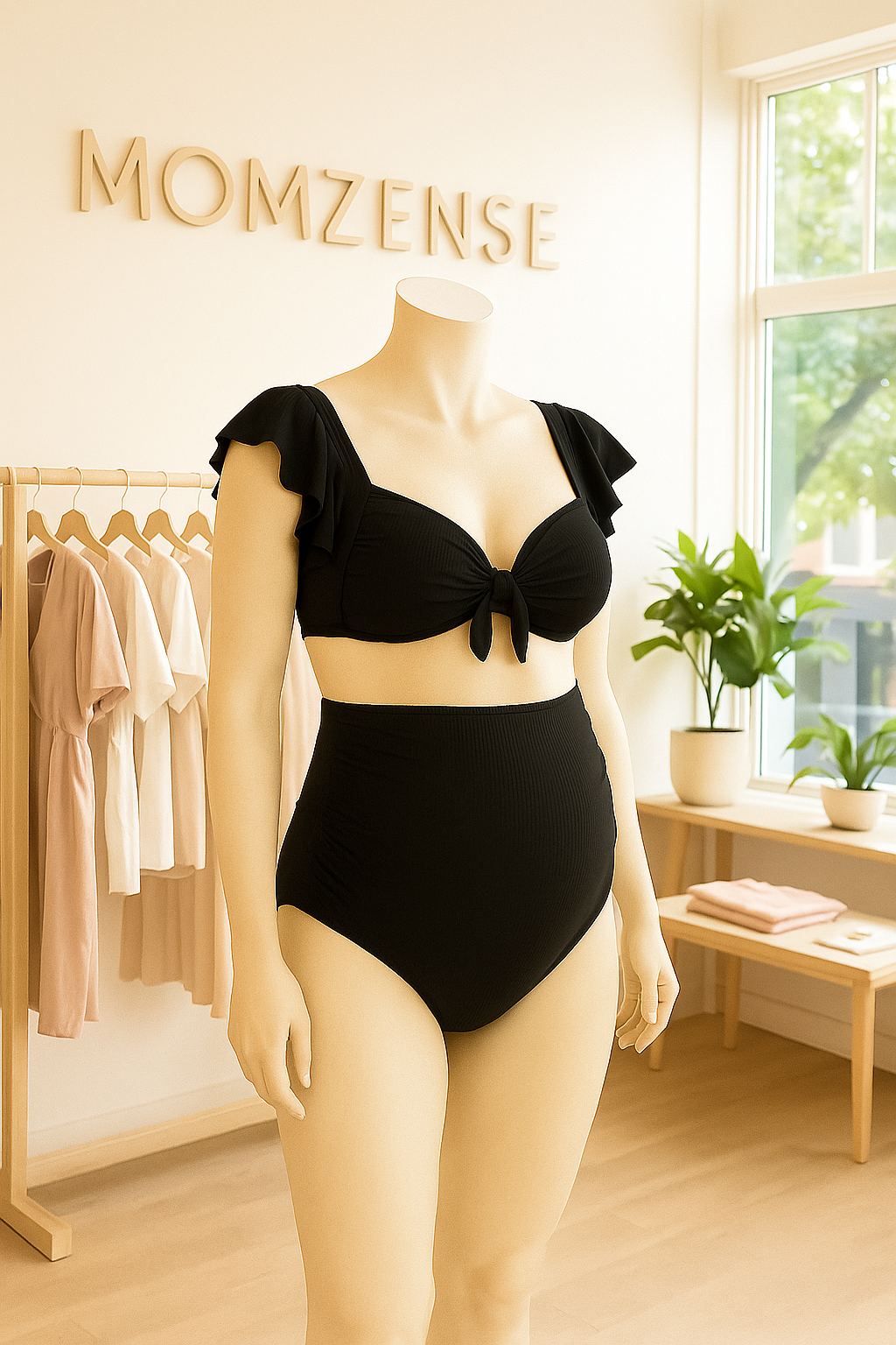 Olive Ribbed Maternity Swimsuit – Soft Support with Ruffle Detail
