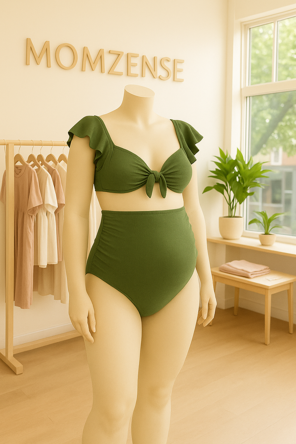 Olive Ribbed Maternity Swimsuit – Soft Support with Ruffle Detail