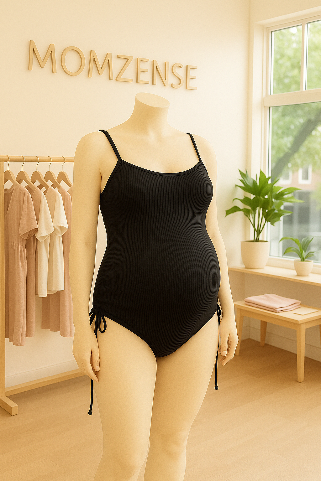Black Ribbed Maternity Swimsuit – Adjustable Fit, Timeless Calm